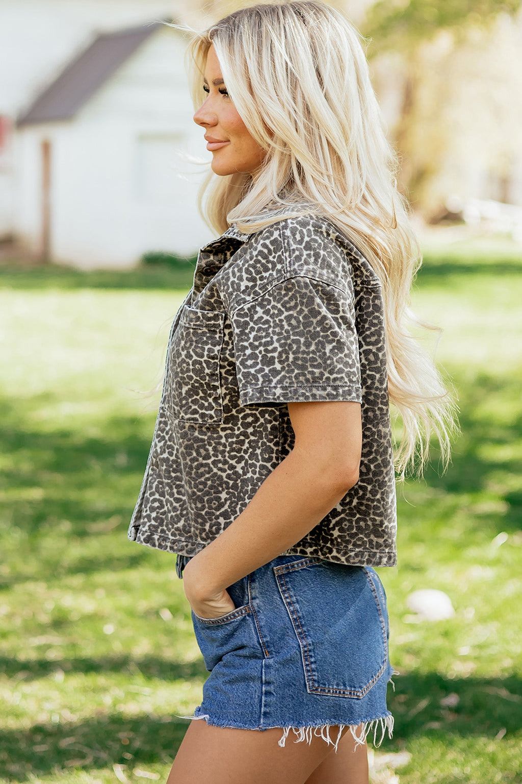 Leopard Denim Short Sleeve Button Up Cropped Shirt