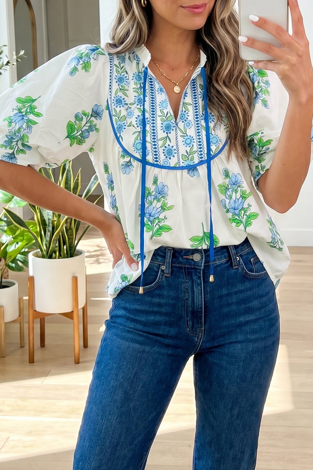 Floral Contrast Trim Tie Neck Blouse
