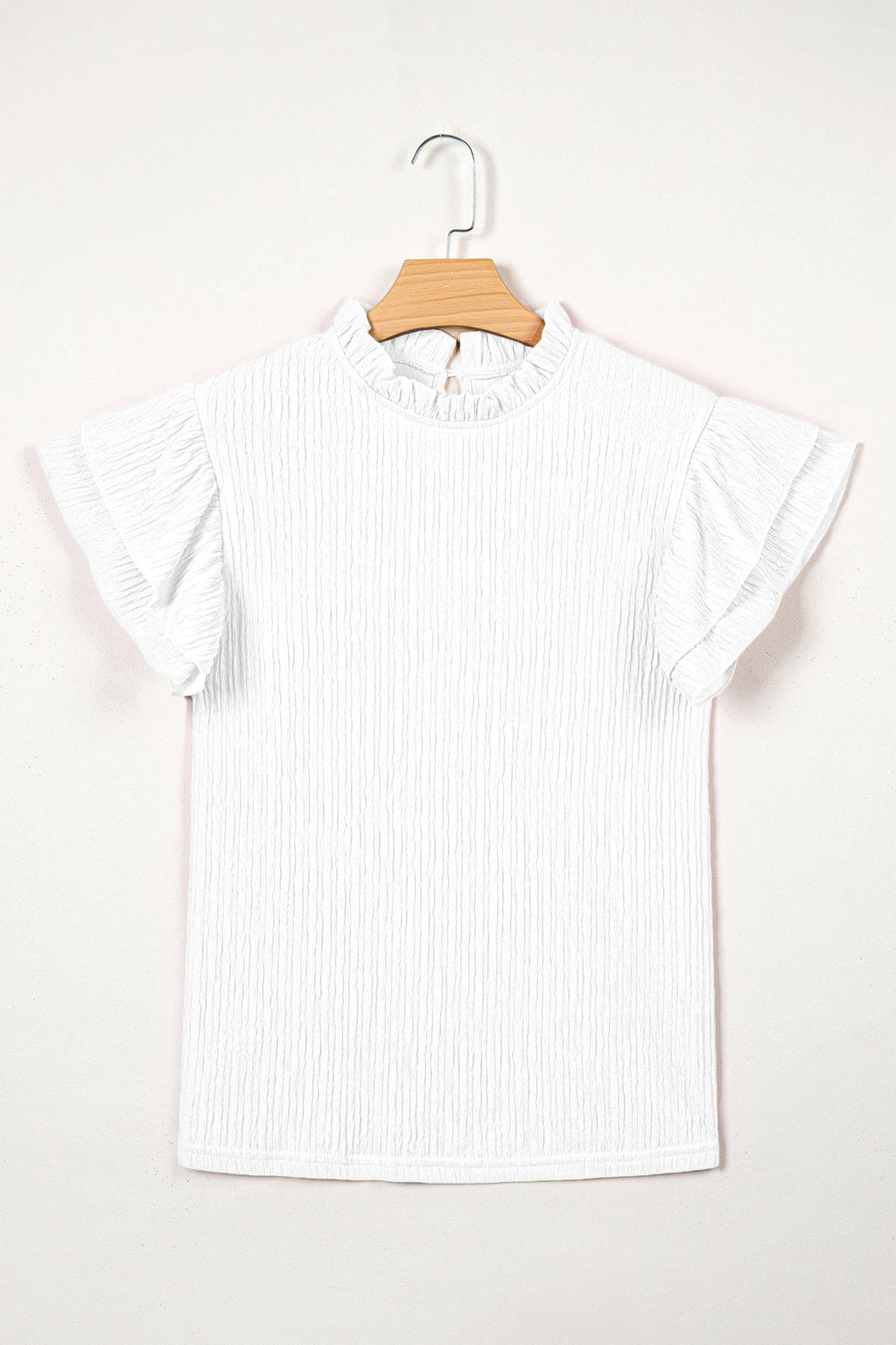 Solid Textured Ruffle Trim Short Sleeve Blouse