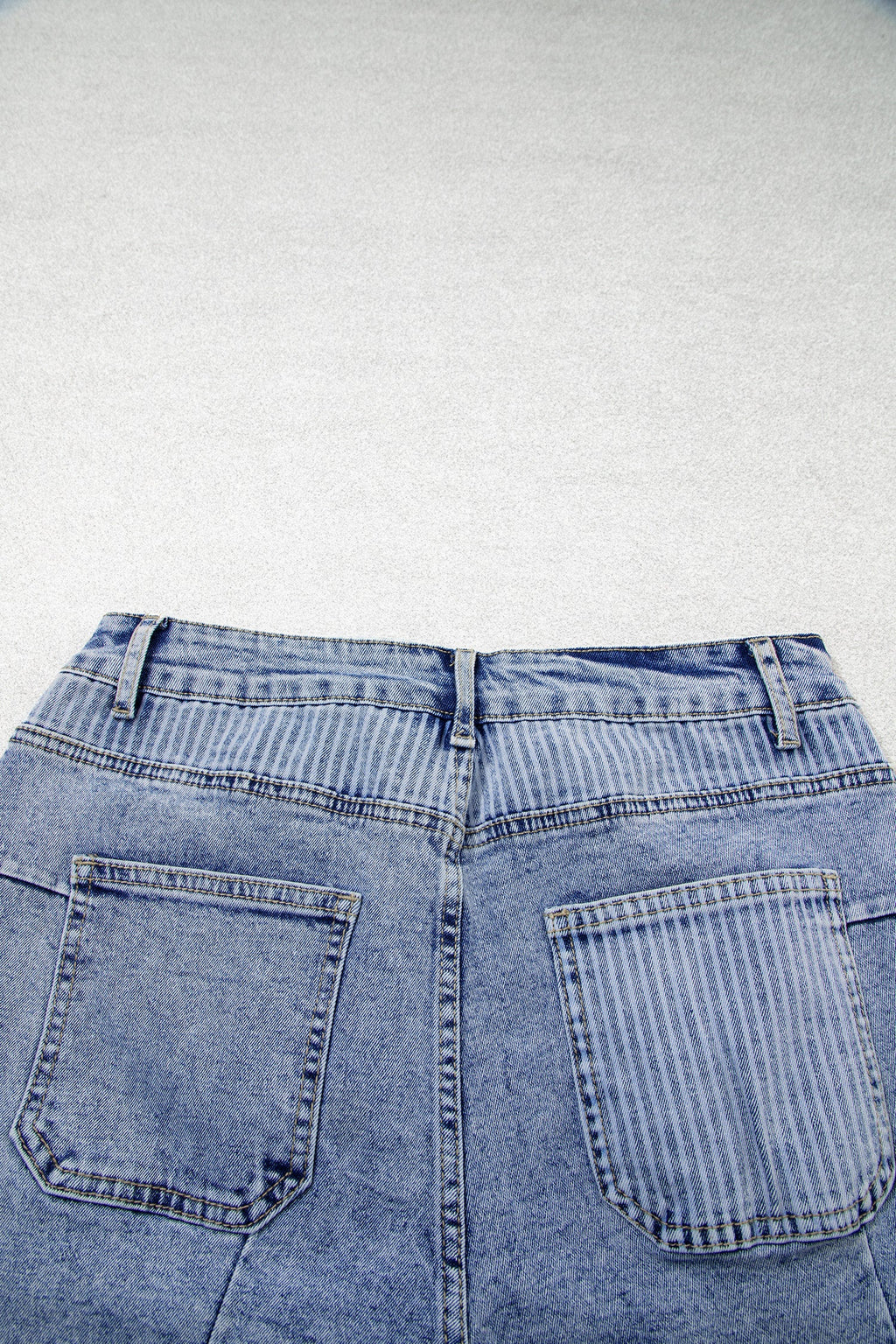 Stripe Denim Paisley Patchwork Raw Hem Shorts