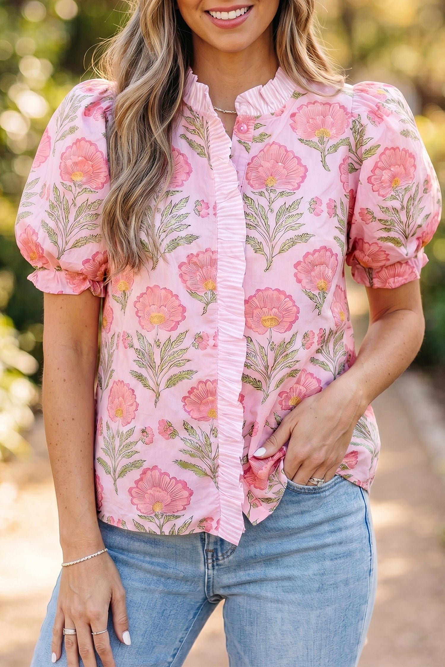 Floral Ruffle Stripe Trim Puff Sleeve Shirt