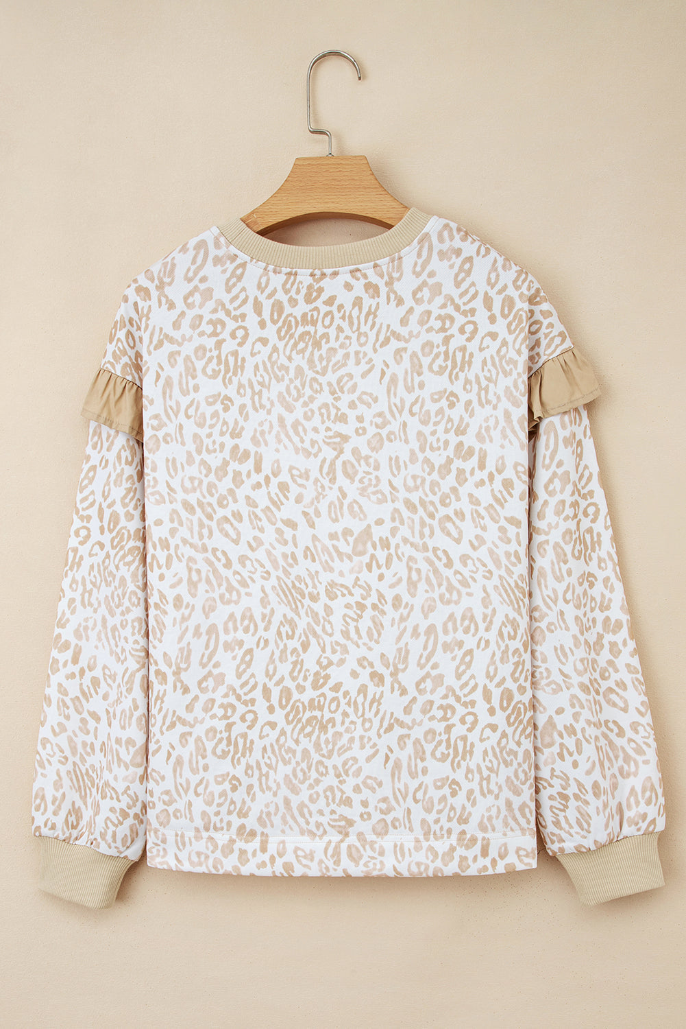 Leopard Ruffle Ribbed Trim Round Neck Sweatshirt