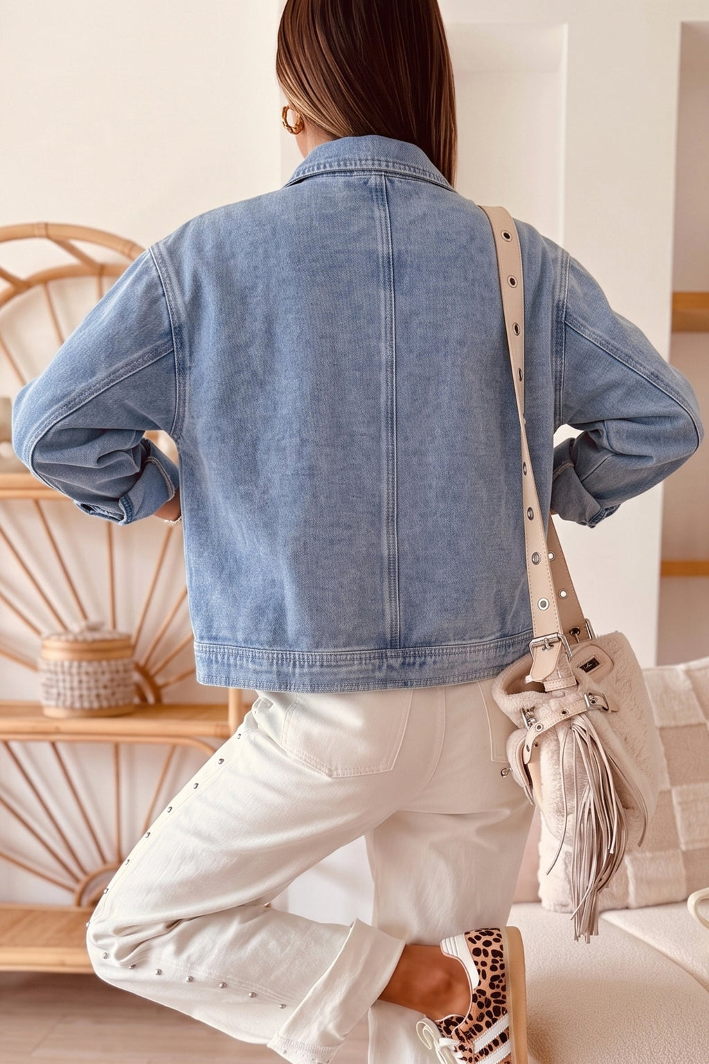 Denim Studded Pockets Zip-Up Long Sleeve Jacket