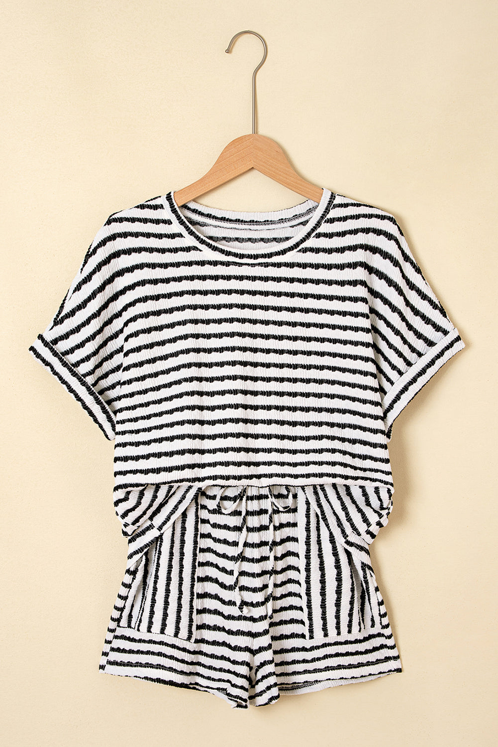 Stripe Knitted Top & Drawstring Shorts Set