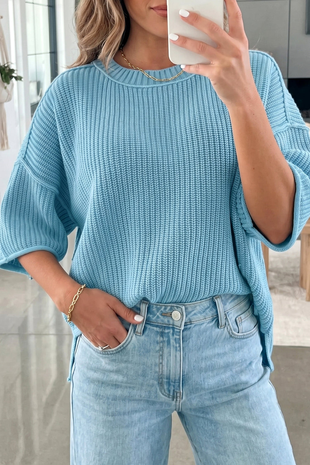 Solid Exposed Seam 3/4 Sleeve Loose Sweater