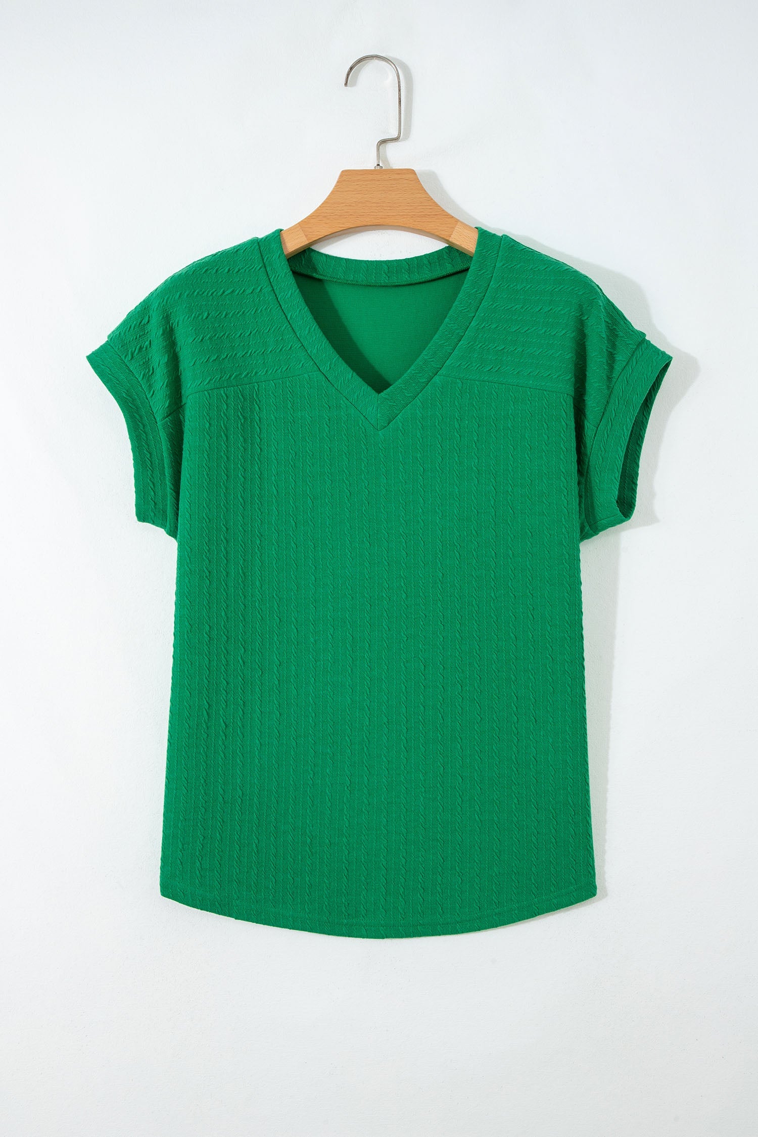Cable Knit Textured V-Neck Short Sleeve T-Shirt
