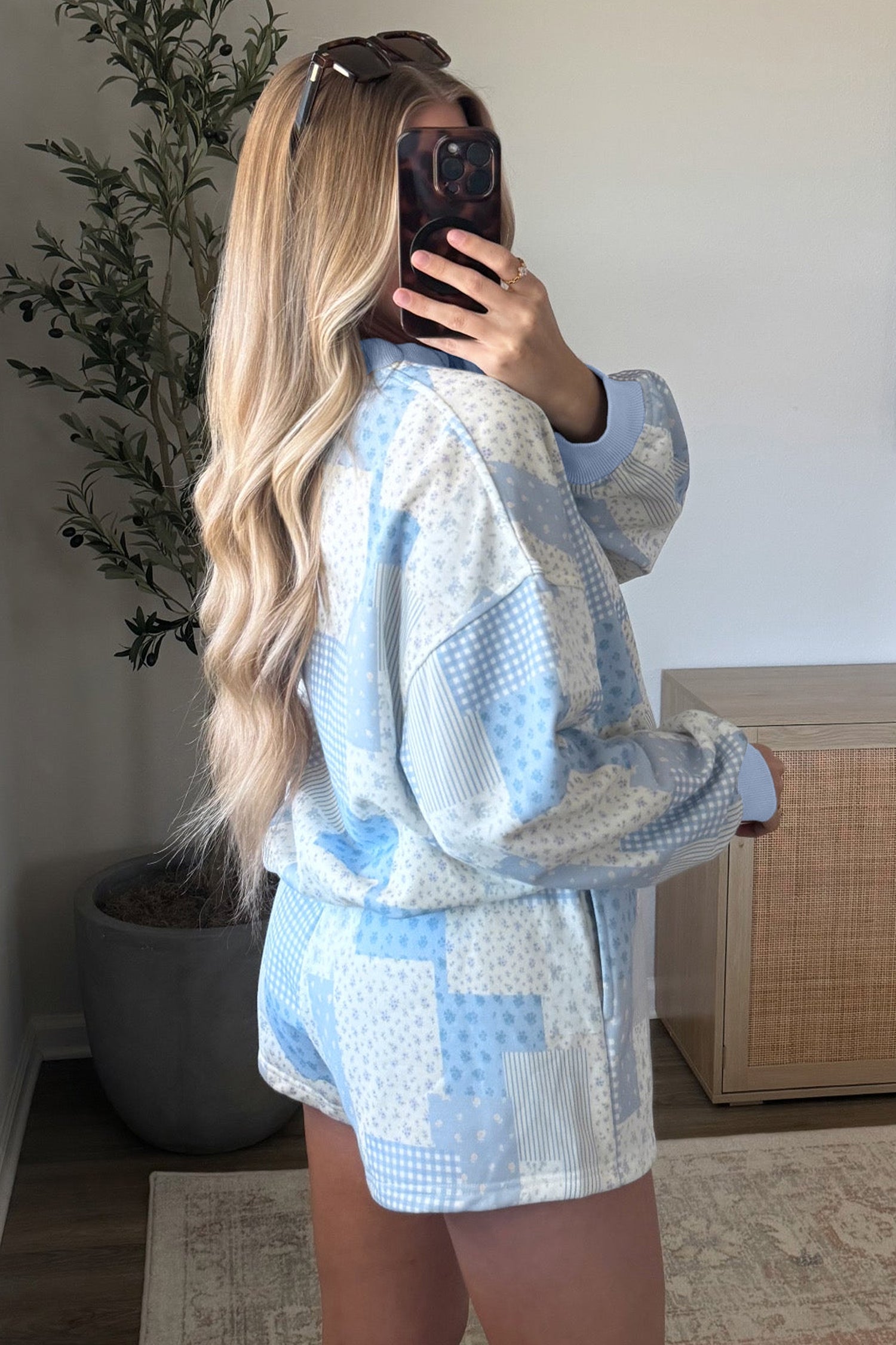 Floral Patchwork Sweatshirt & Drawstring Shorts Set