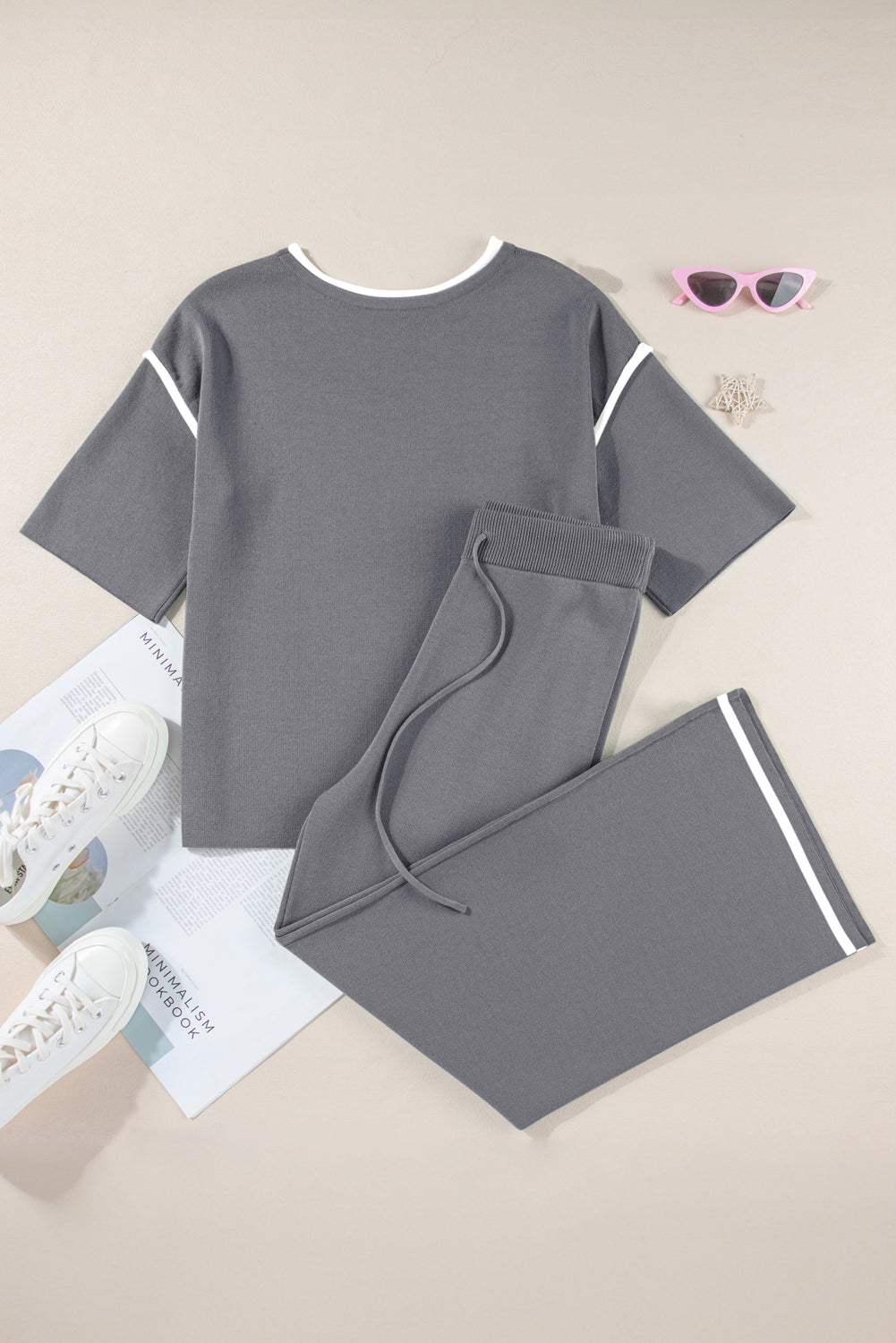 Contrast Trim Top and Drawstring Pants Set