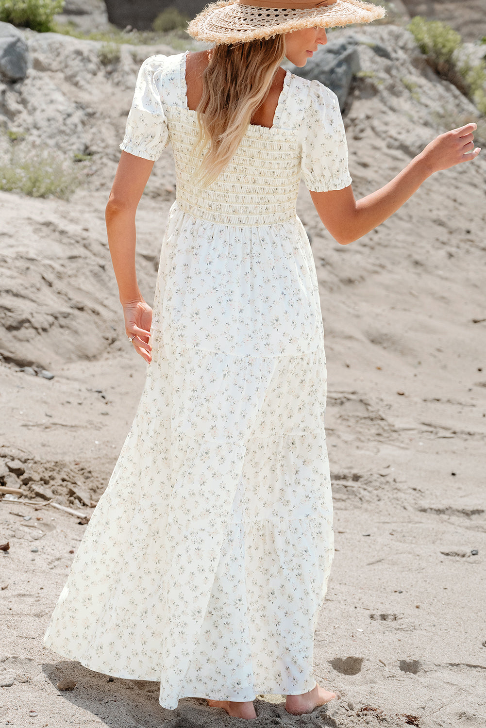 Floral Frilly Shirred Bodice Tiered Maxi Dress