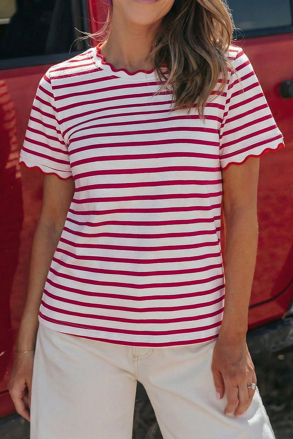 Stripe Scallop Trim Round Neck T-Shirt