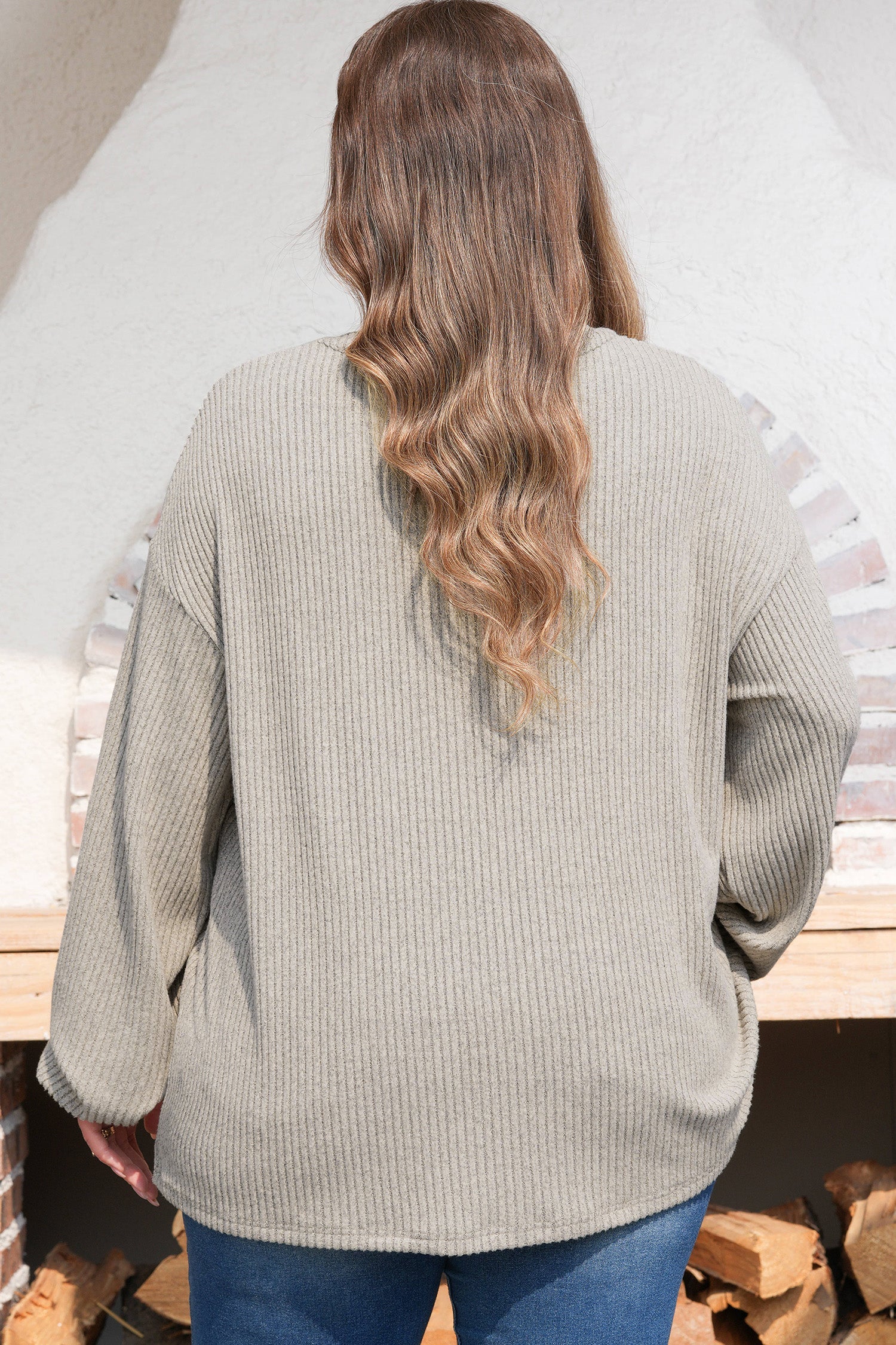 Plus Size Ribbed Knit Kangaroo Pocket Henley Top