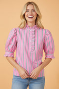 Stripe Ruffle Trim Half Button Puff Sleeve Blouse