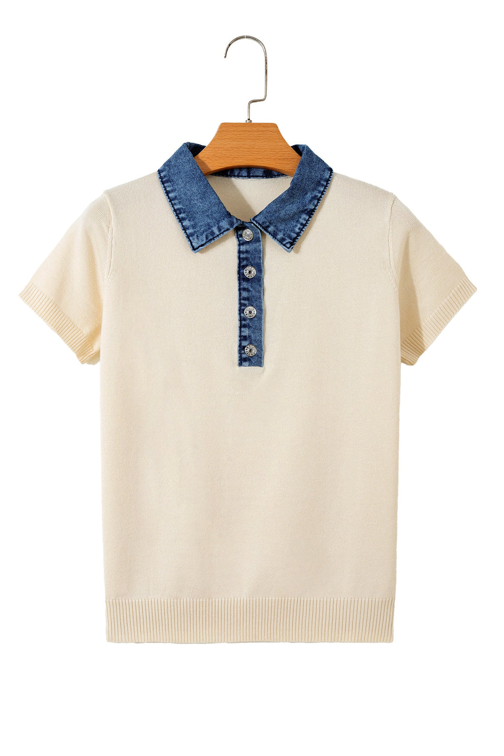 Denim Patchwork Polo Collar Short Sleeve Sweater