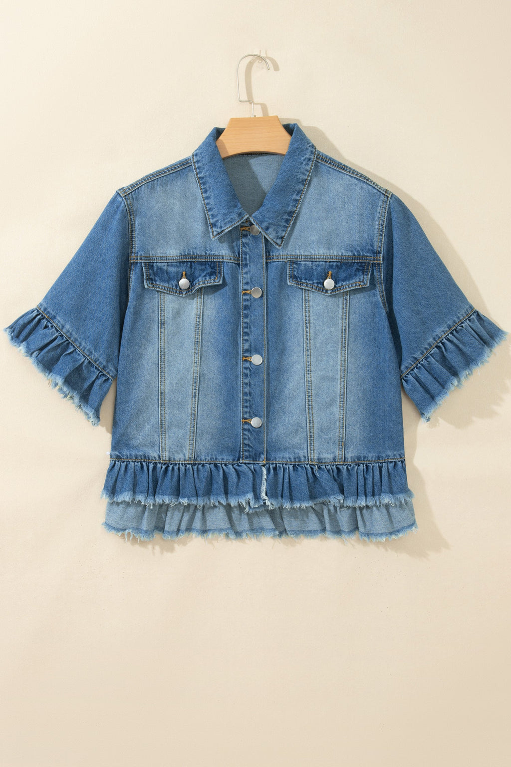 Denim Raw Edge Short Sleeve Ruffle Hem Jacket