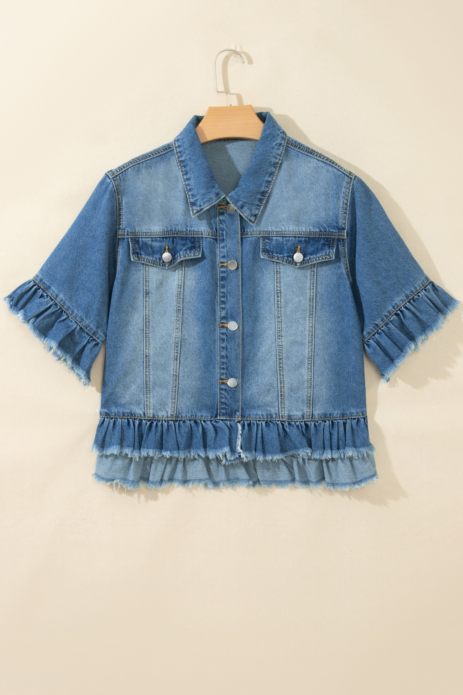 Denim Raw Edge Short Sleeve Ruffle Hem Jacket