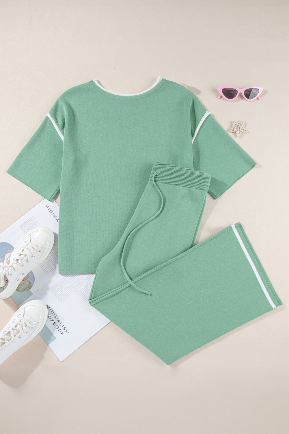 Contrast Trim Top and Drawstring Pants Set