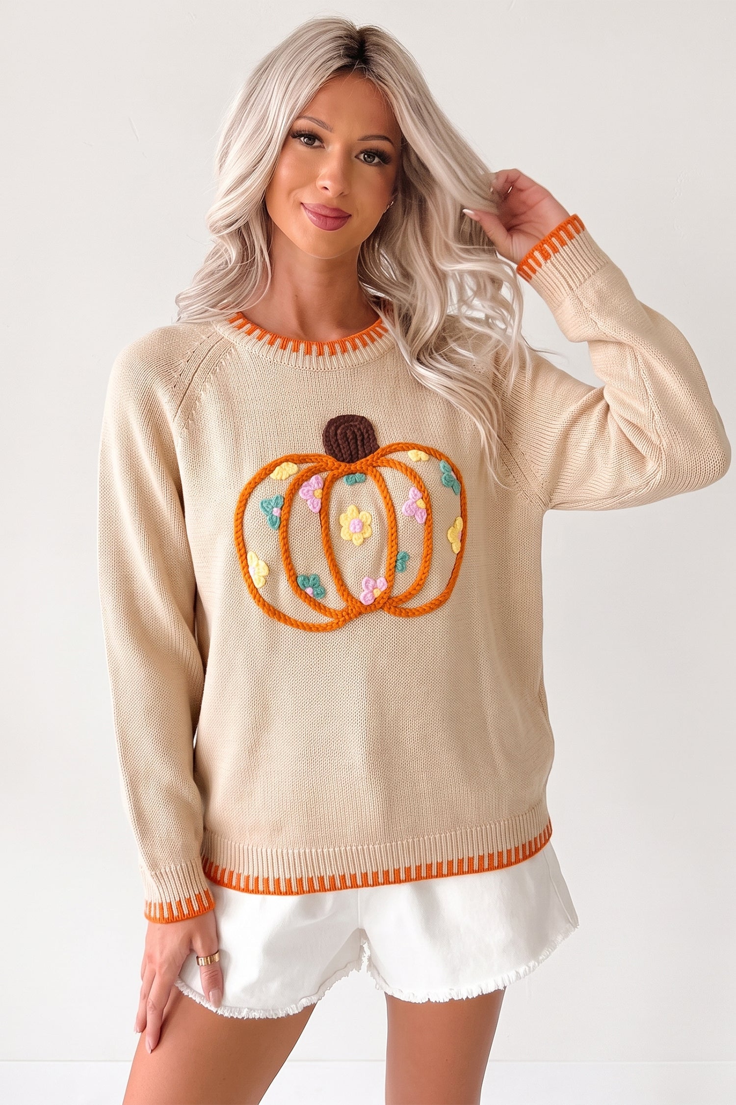 Pumpkin Floral Embroidered Round Neck Sweater
