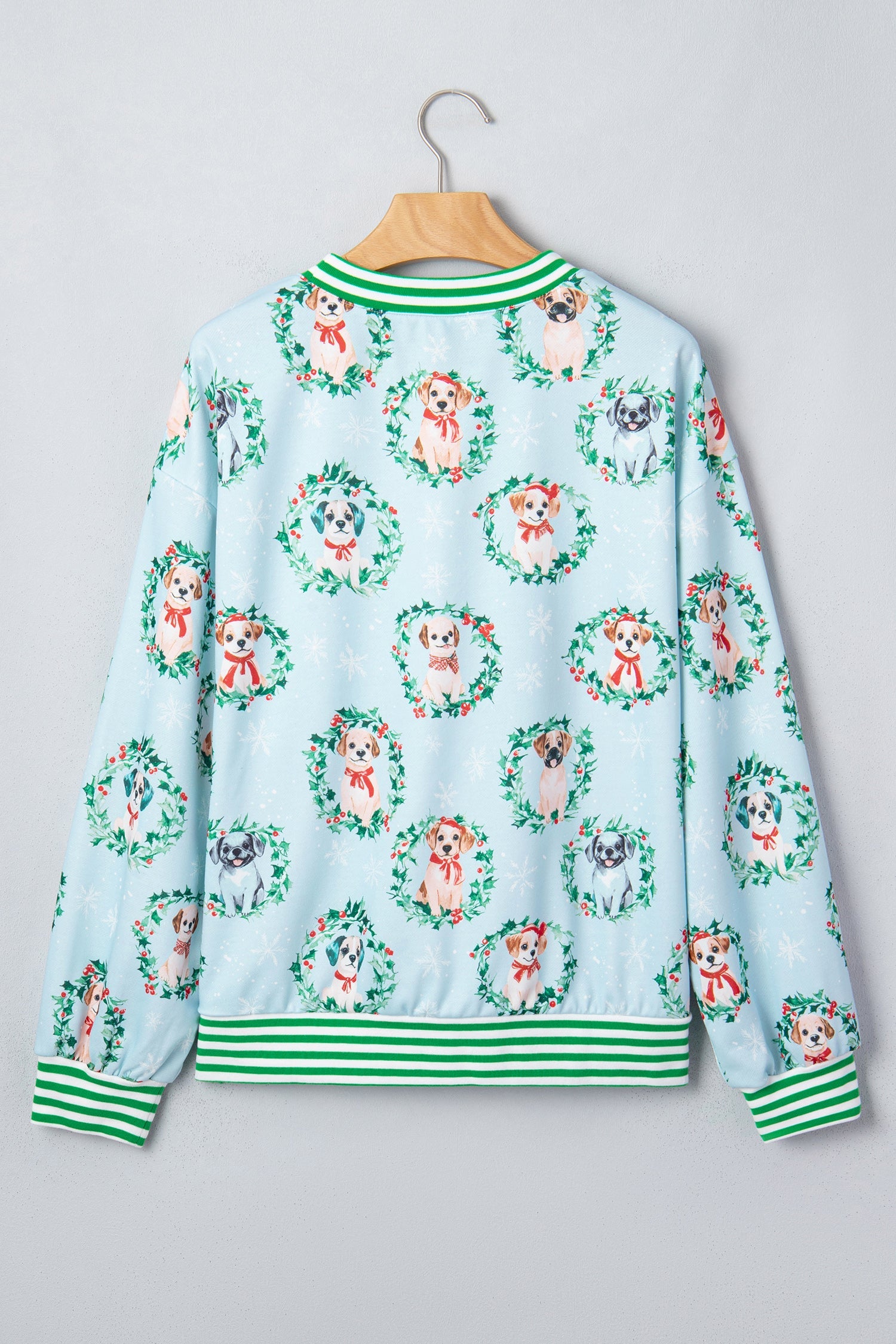 Christmas Wreath Dog Print Stripe Contrast Trim Sweatshirt