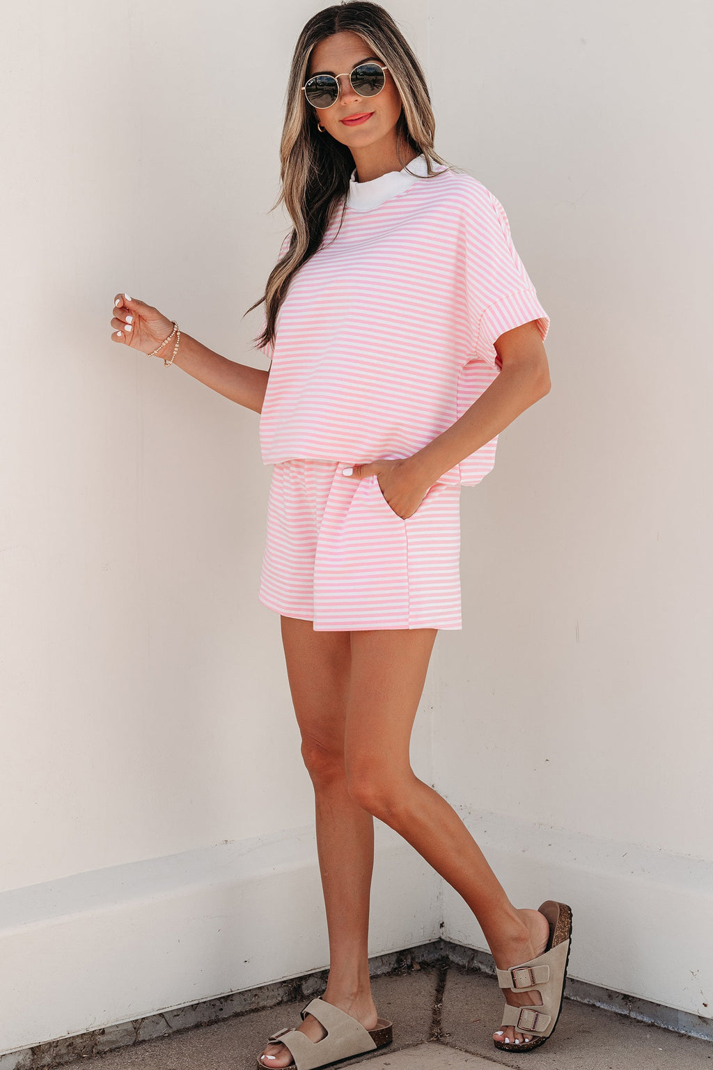 Stripe Contrast Mock Neck Tee & Shorts Set