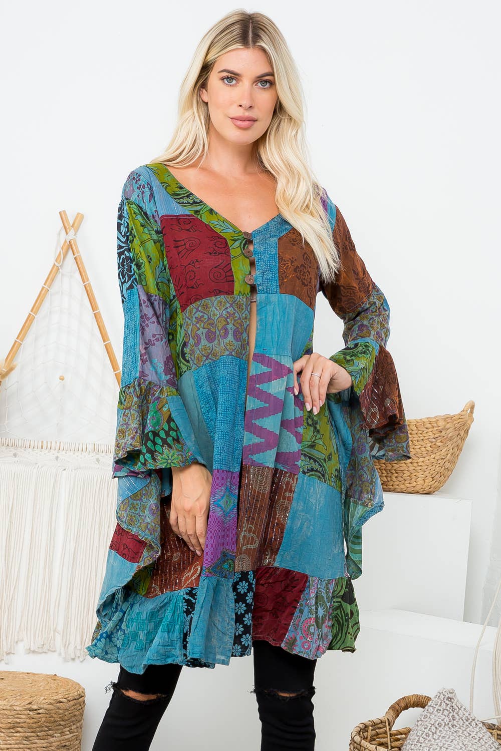 Patchwork Ruffle Kimono (KT-1354): Blue / Assorted (Available Sizes)