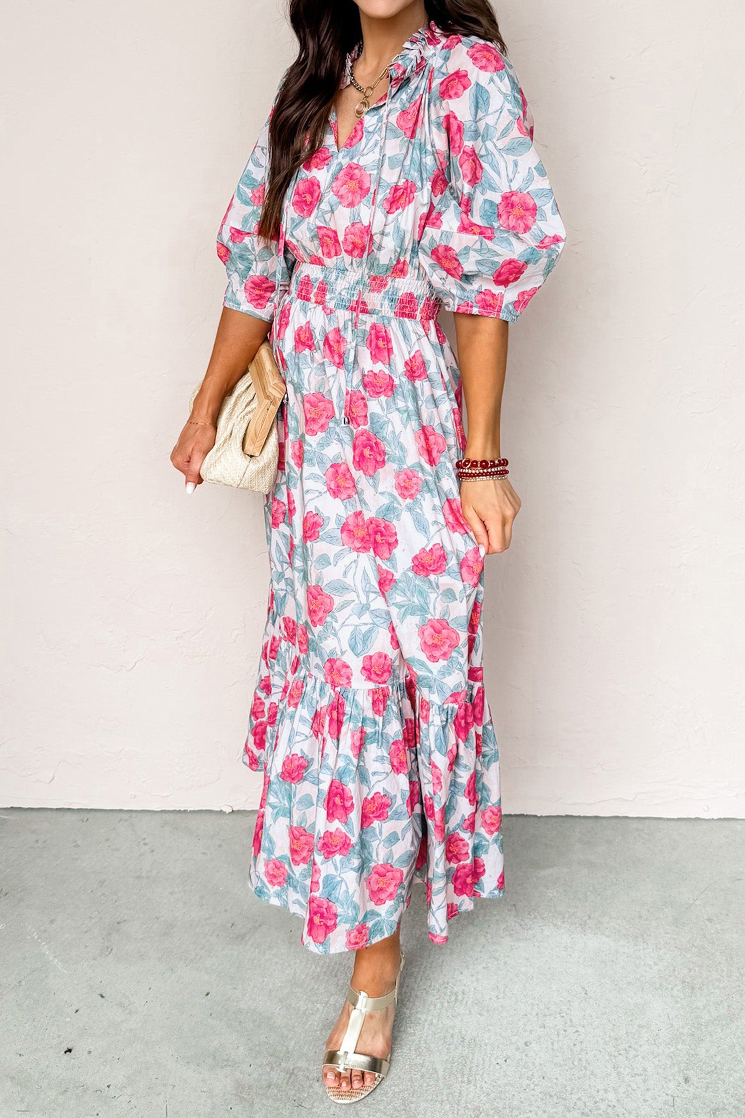 Floral Tie V-Neck Puff Sleeve Midi Dress