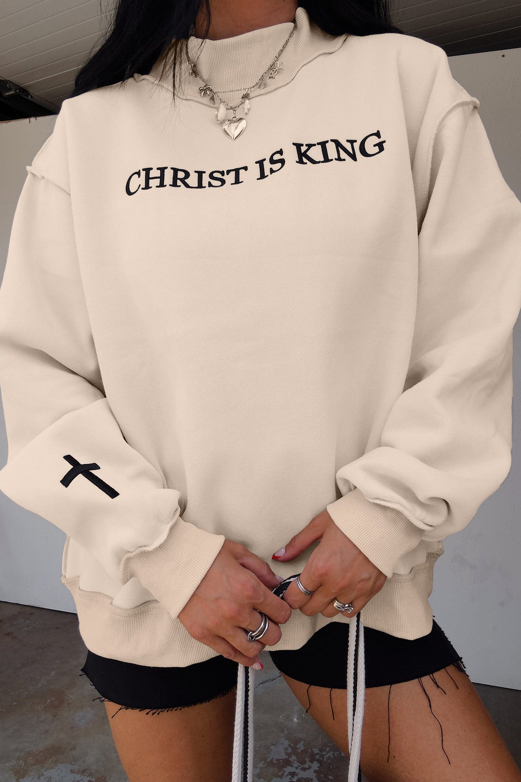 Christ Is King Cross Embroidery Exposed Seam Sweatshirt