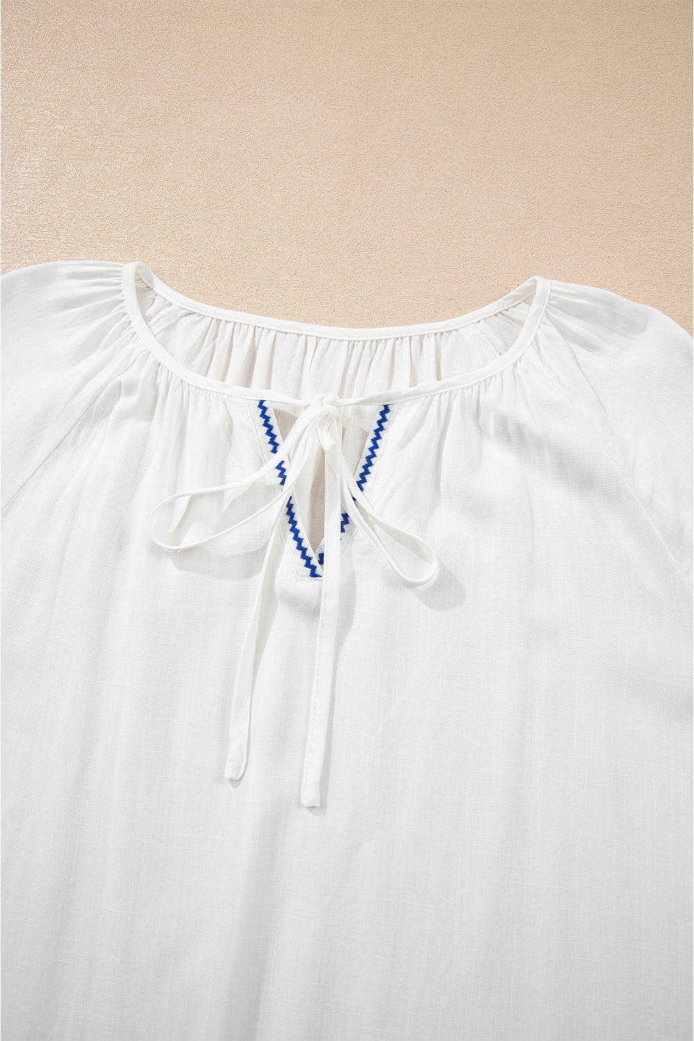 Floral Embroidered Drawstring V-Neck Blouse