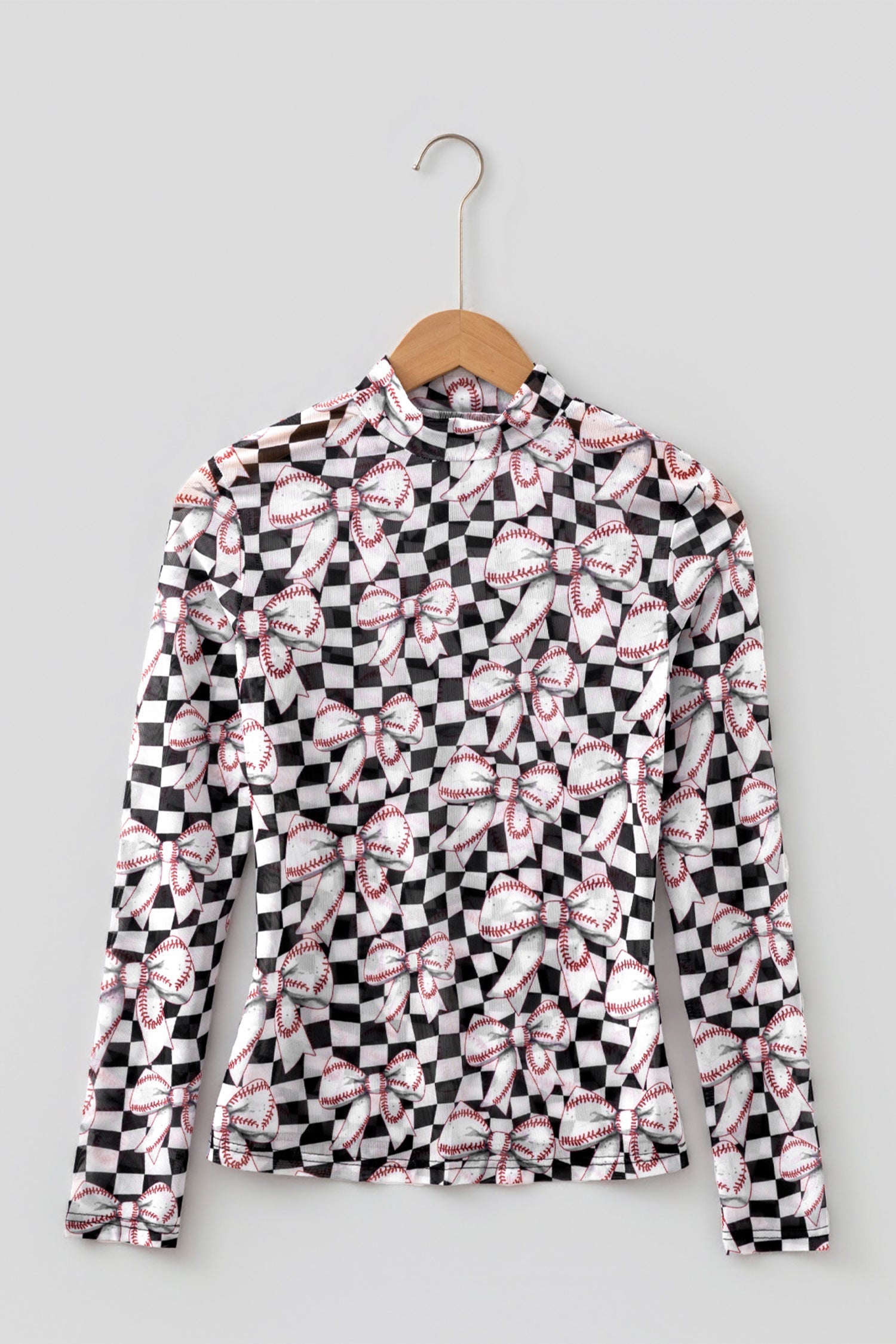 Checker Baseball Bow High Neck Long Sleeve Mesh Top