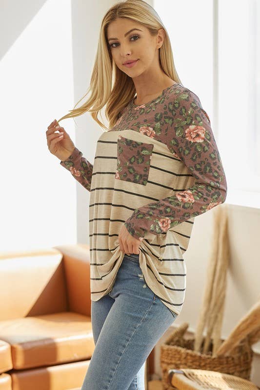 LMT2687-The Seny Stripe Top: BURGUNDY / M