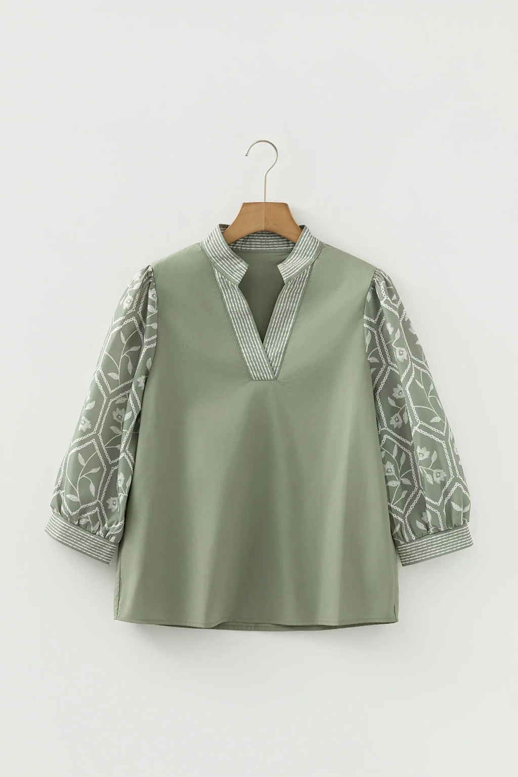 Floral Patchwork Contrast V-Neck Puff Sleeve Blouse