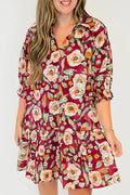 Floral Ruffle 3/4 Sleeve V-Neck Mini Dress