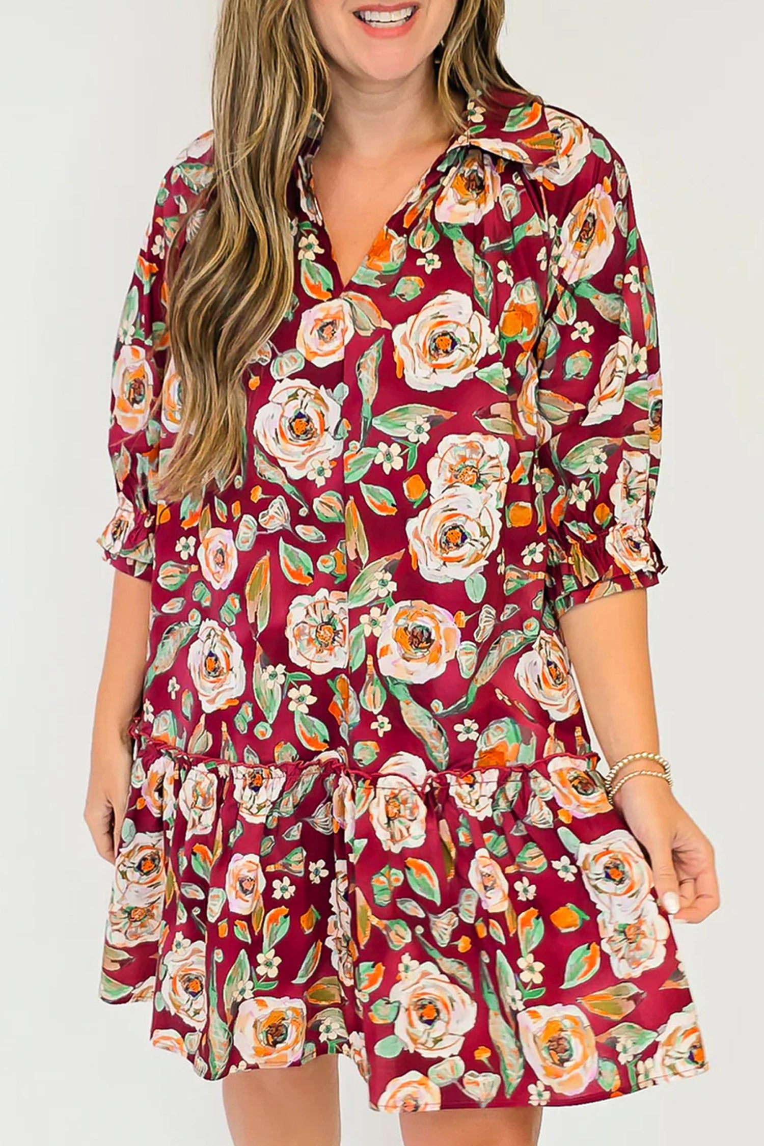 Floral Ruffle 3/4 Sleeve V-Neck Mini Dress