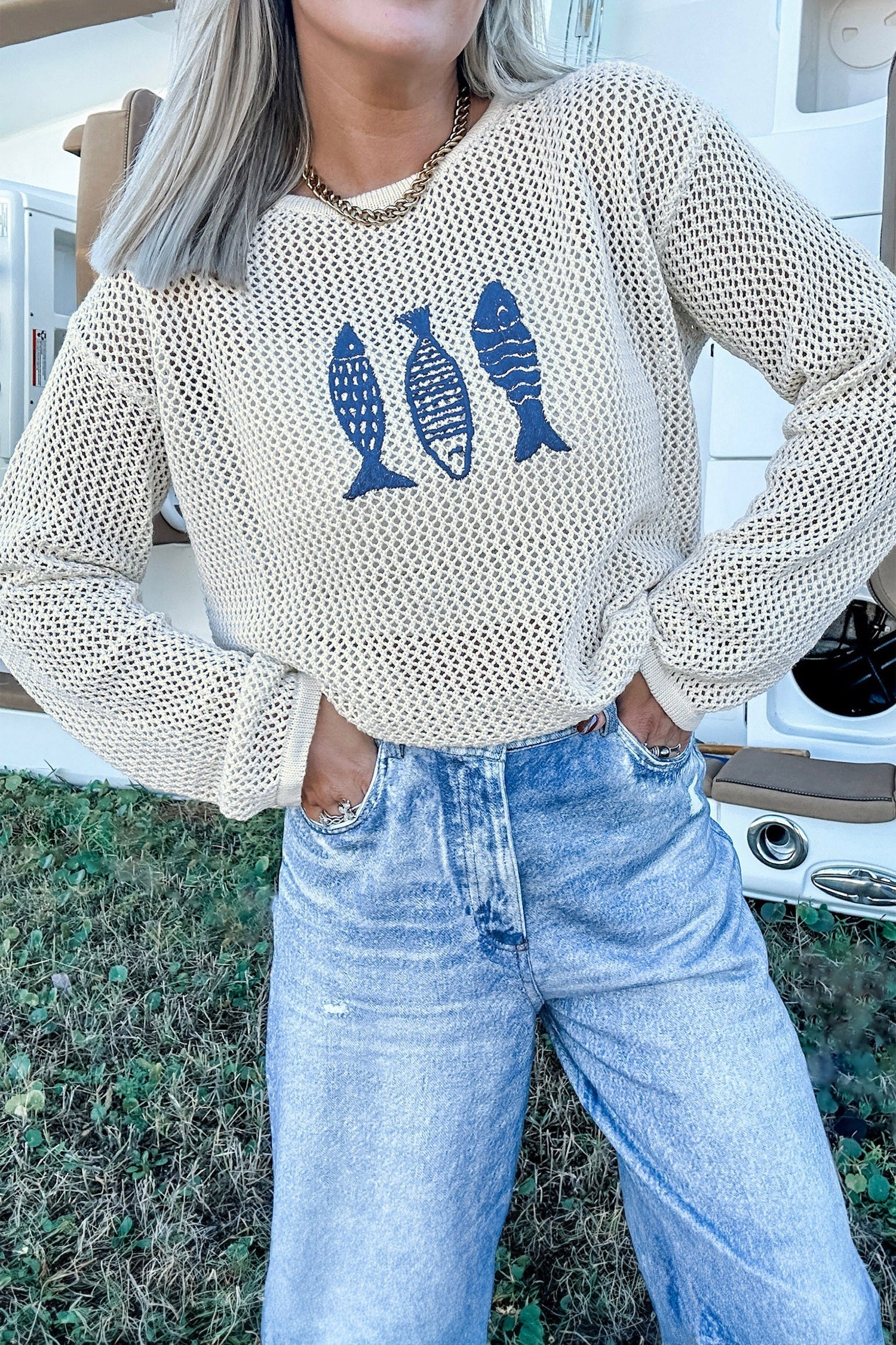 Fish Embroidered Crew Neck Crochet Knit Sweater