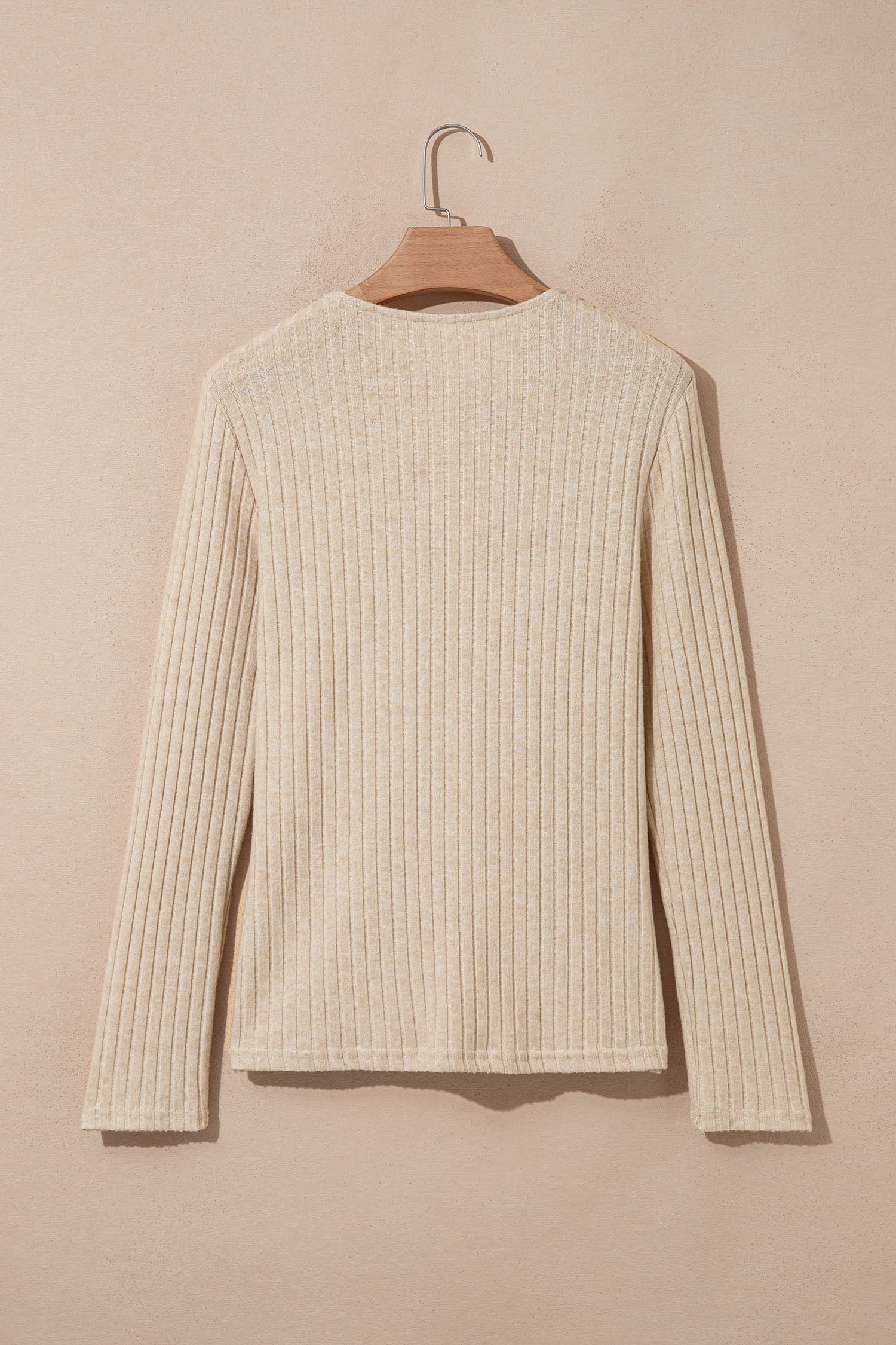 Solid Ribbed Knit Cowl Neck Long Sleeve Top