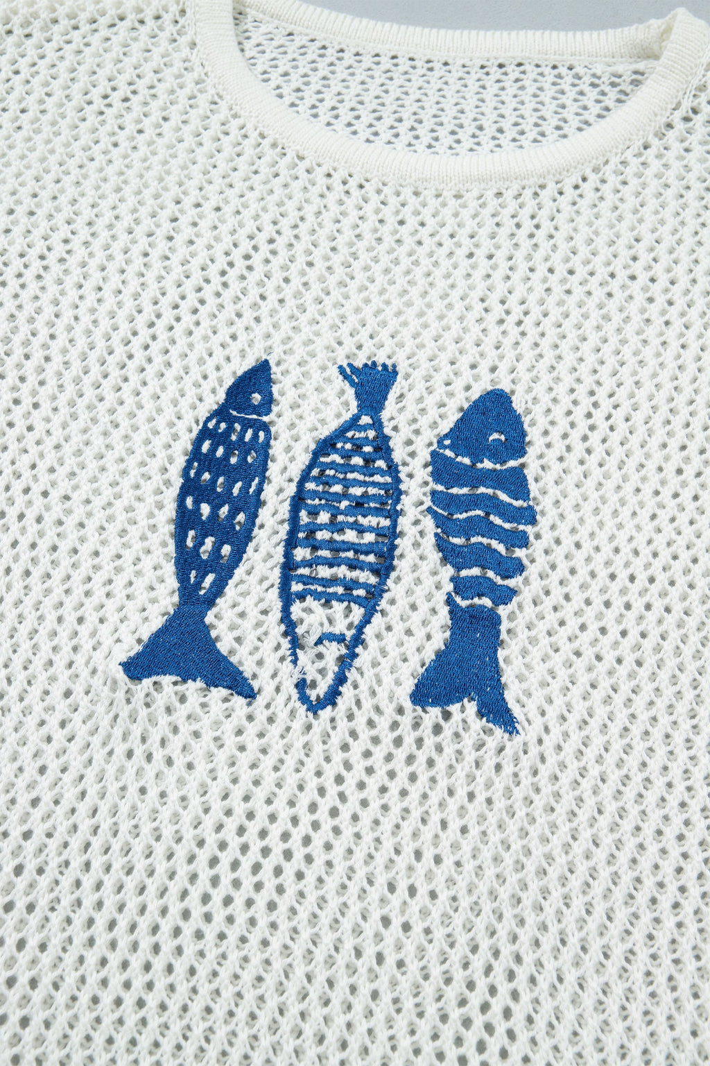 Fish Embroidered Crew Neck Crochet Knit Sweater