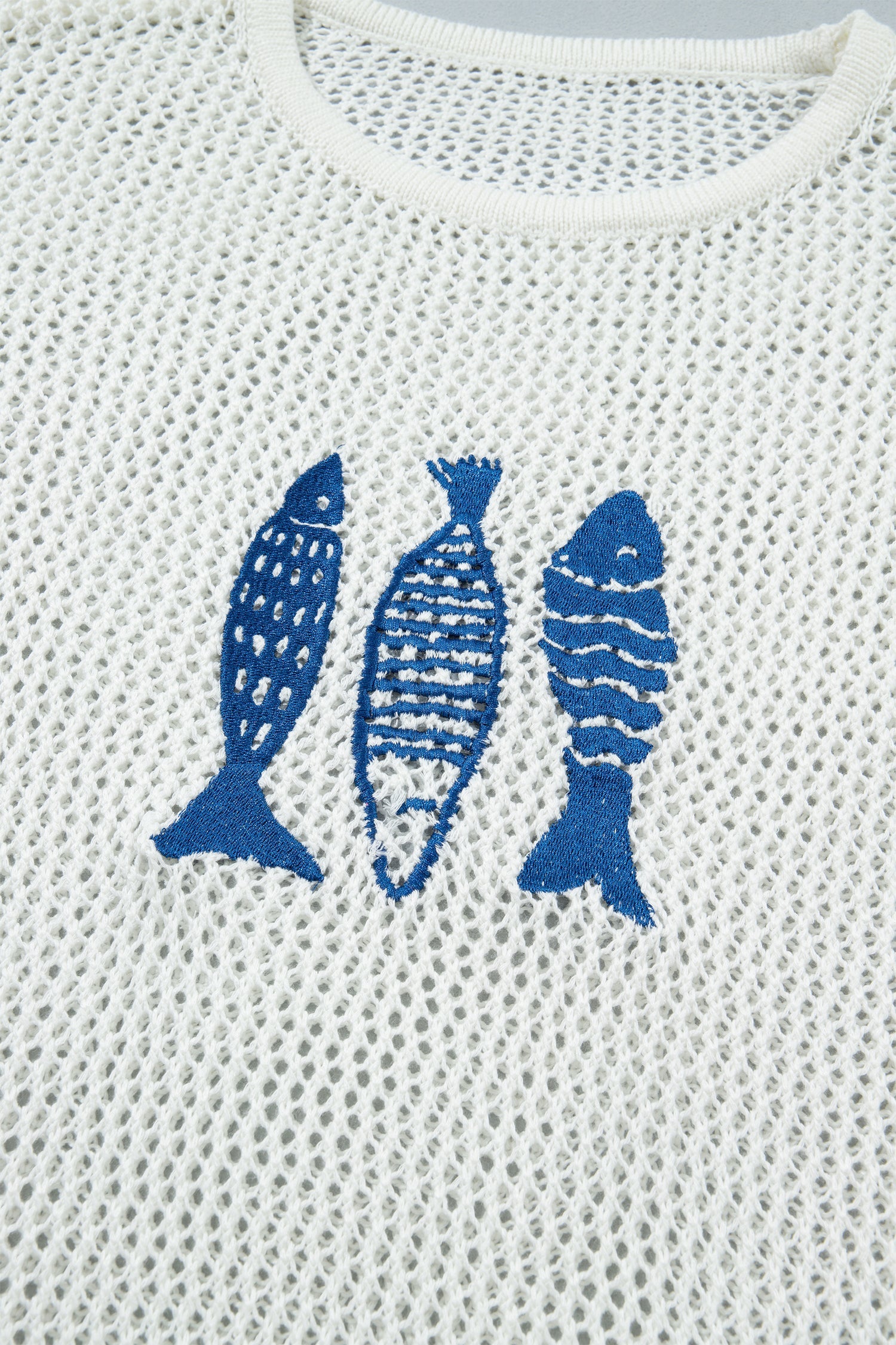 Fish Embroidered Crew Neck Crochet Knit Sweater