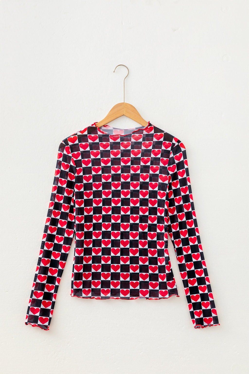 Checker Sheer Mesh Long Sleeve Blouse