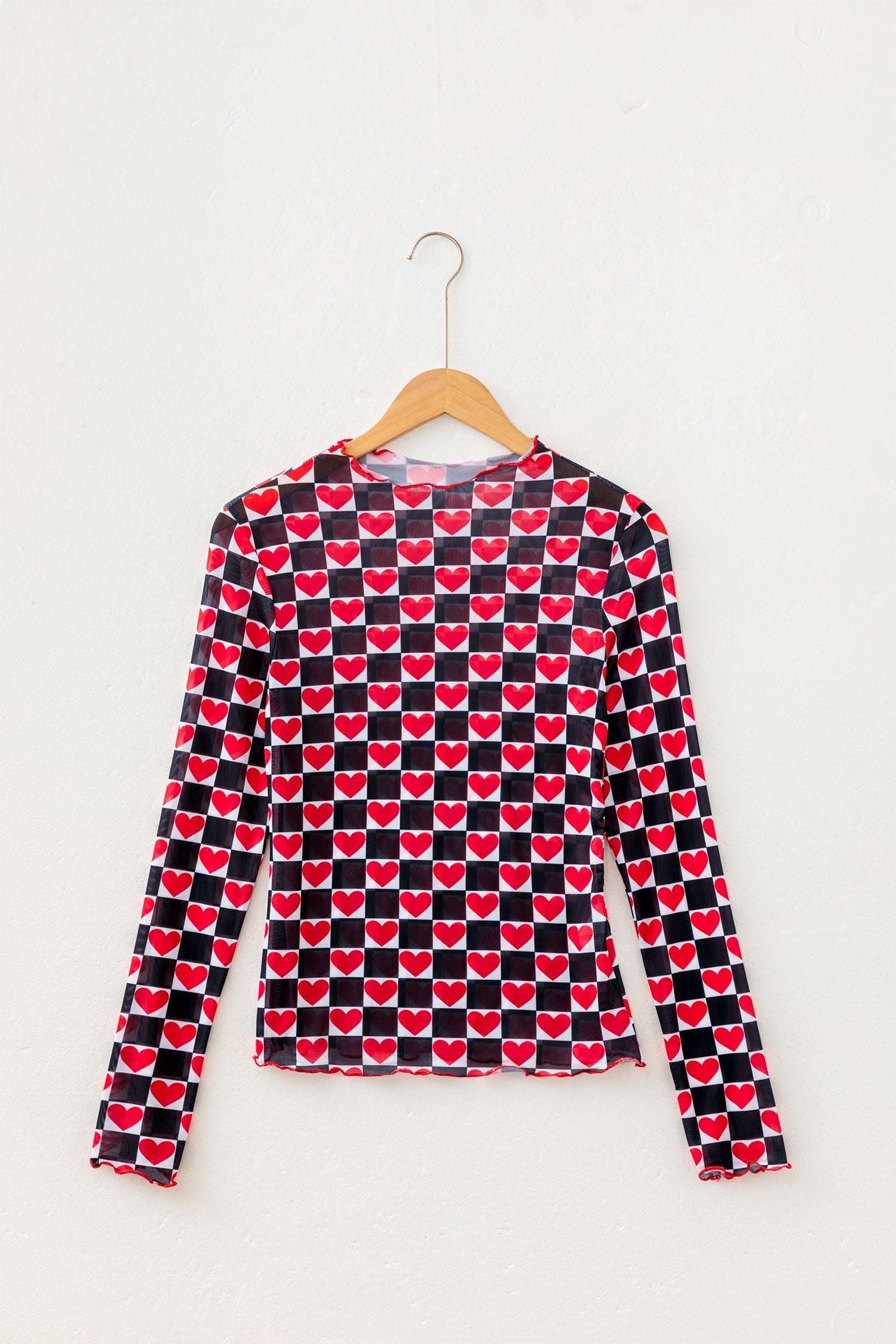 Checker Sheer Mesh Long Sleeve Blouse