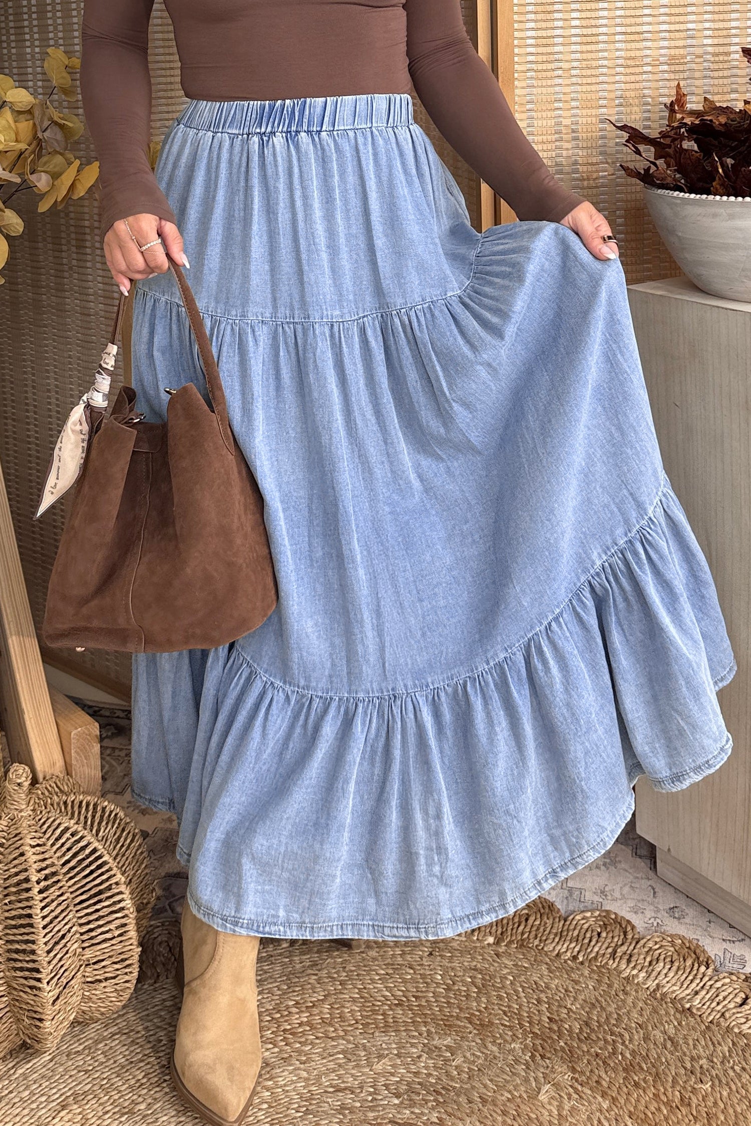 Denim Ruffle Tiered Flared Maxi Skirt