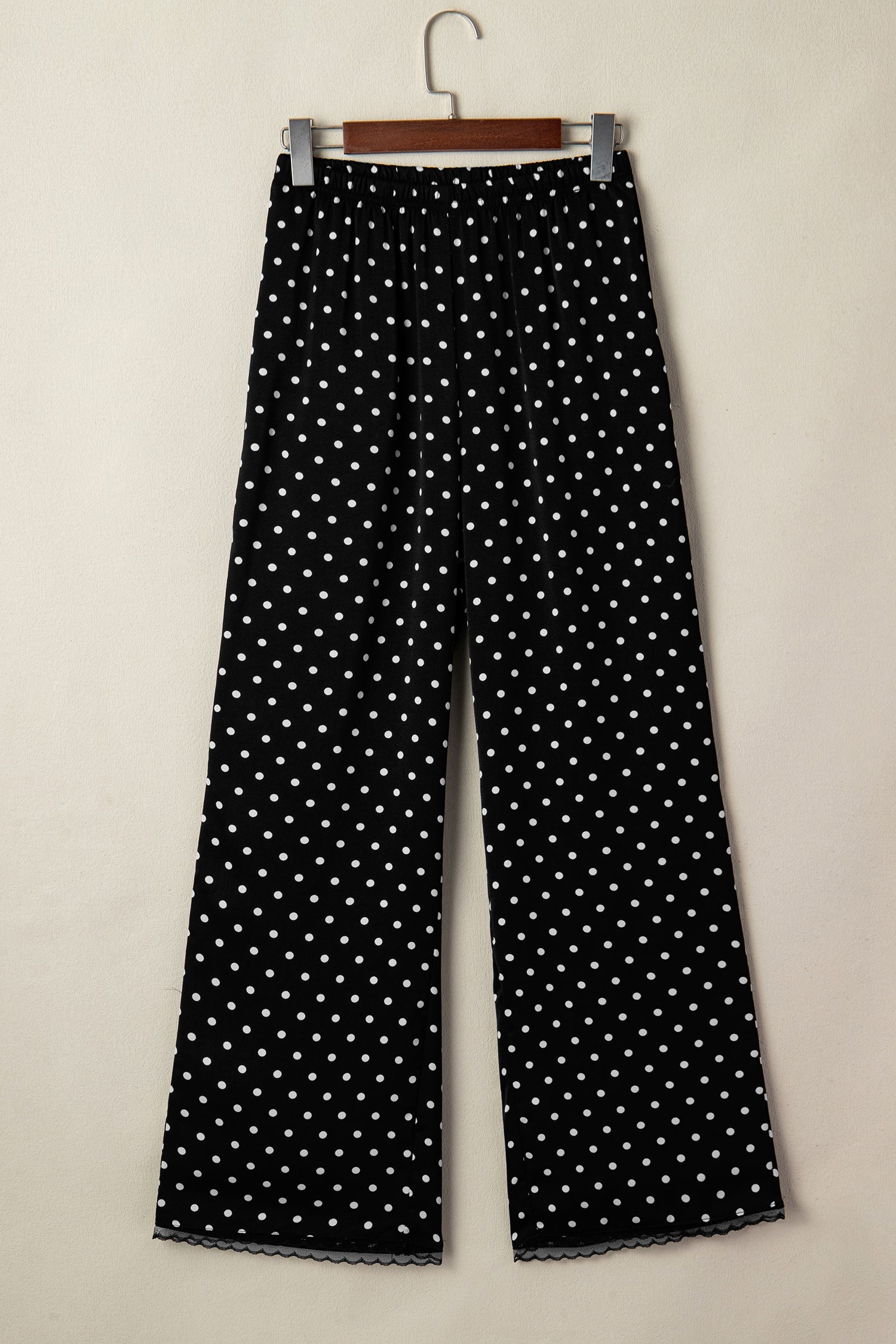 Polka Dot Elastic Waist Lace Hem Pants