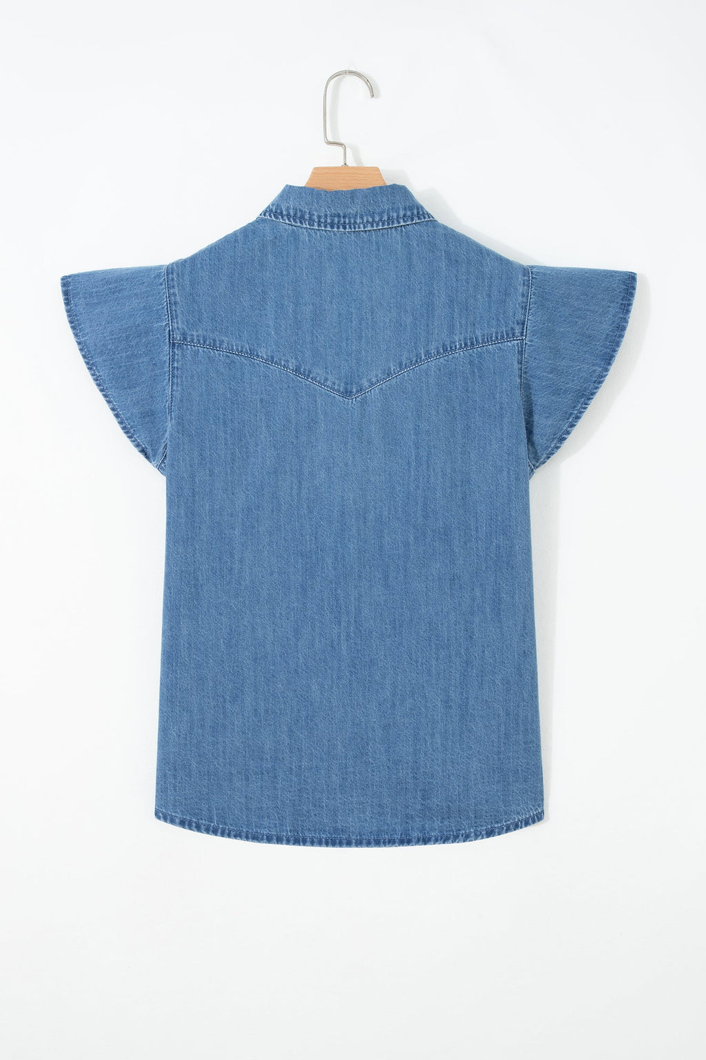 Solid Denim Ruffle Short Sleeve Buttoned Shirt