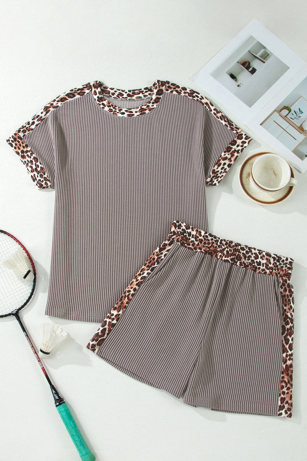 Leopard Trim Corded Top & Shorts Set
