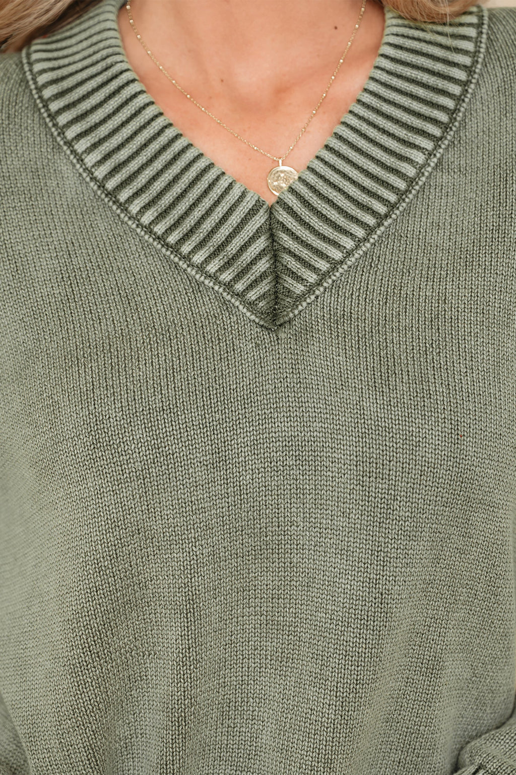 Mineral Wash Reverse Seam V-Neck Drop Shoulder Sweater