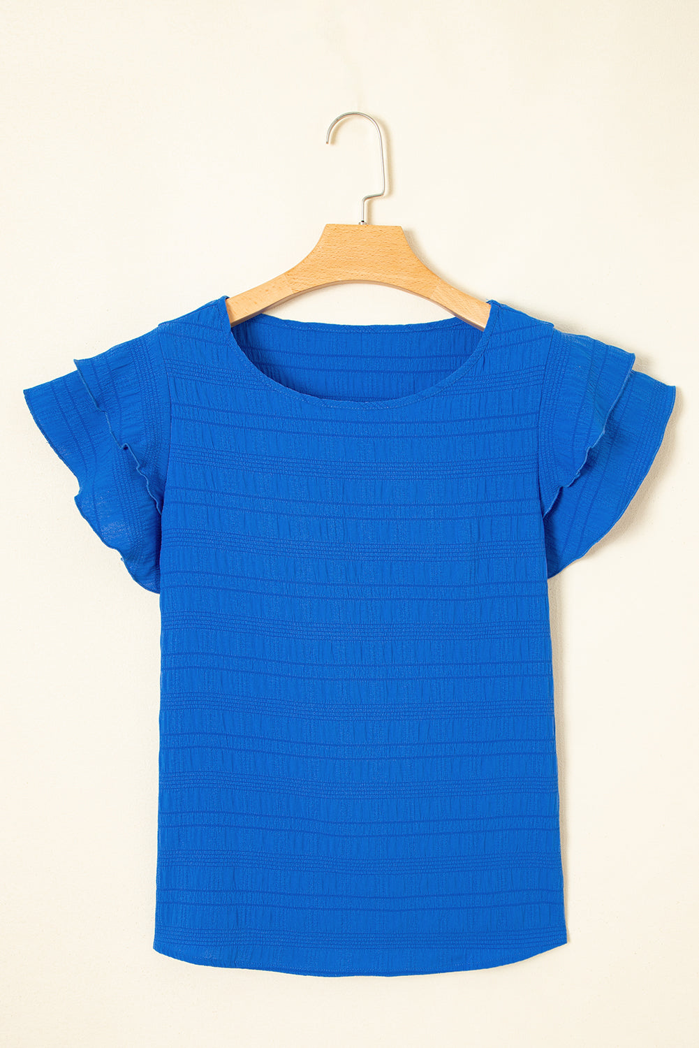Solid Textured Ruffled Sleeve Round Neck Top
