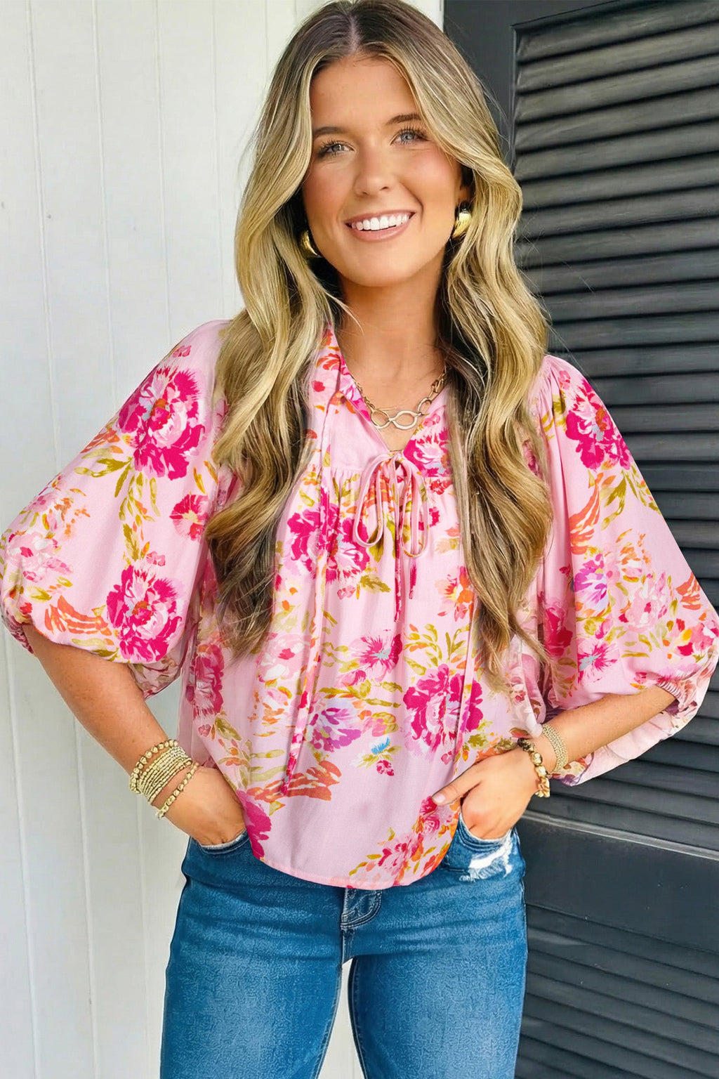 Floral Tie Neck 3/4 Puff Sleeve Blouse