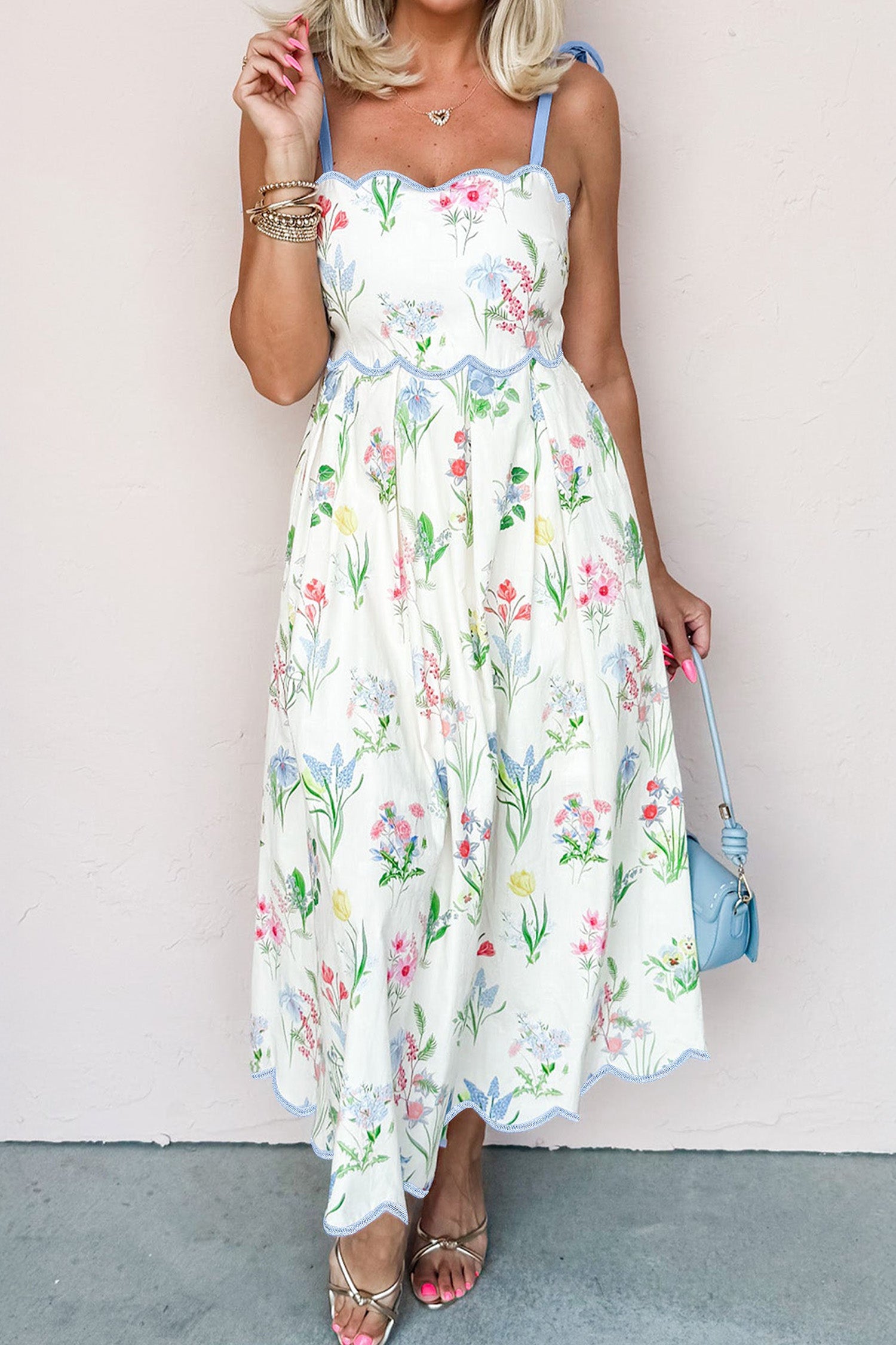Floral Contrast Trim Tie Strap Midi Dress