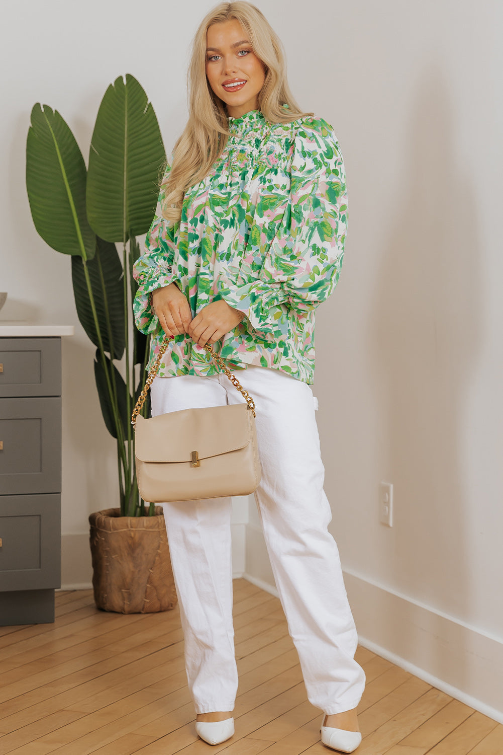 Abstract Floral Flounce Sleeve Mock Neck Blouse