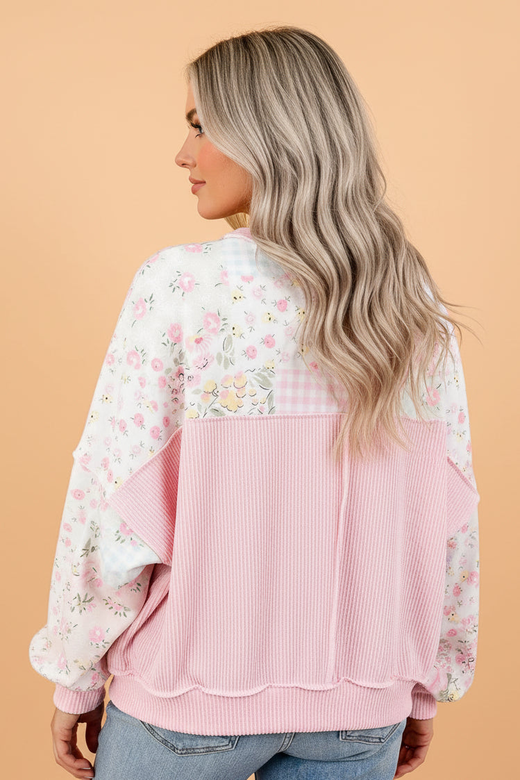 Floral Patchwork Corded Knit Long Sleeve Top