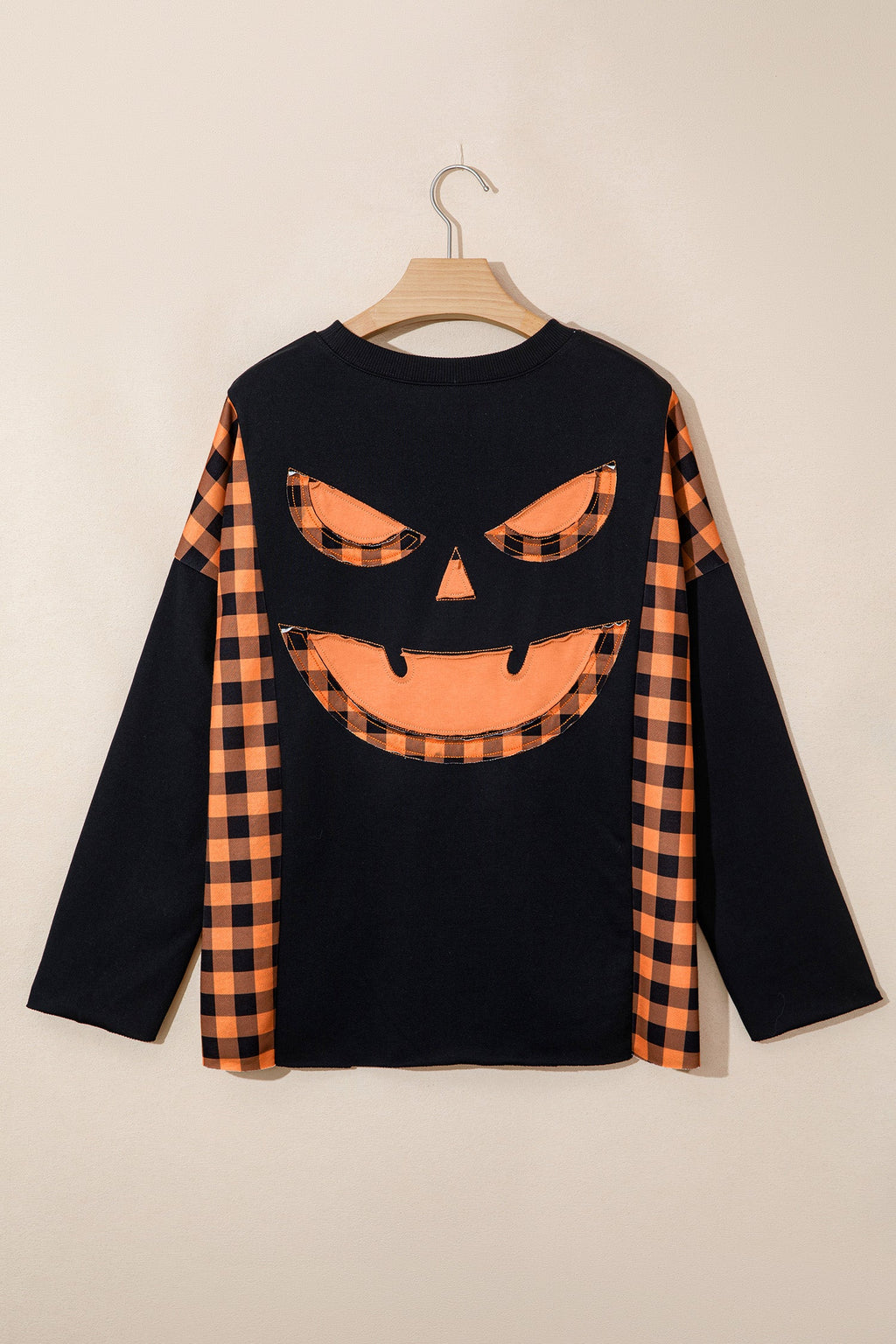Halloween Pumpkin Gingham Patchwork Long Sleeve Top