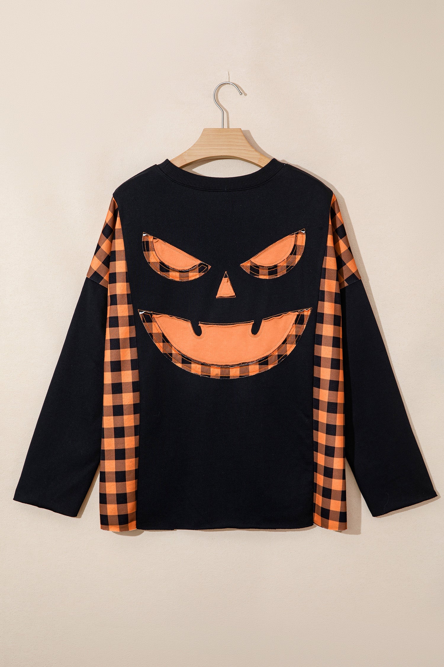 Halloween Pumpkin Gingham Patchwork Long Sleeve Top